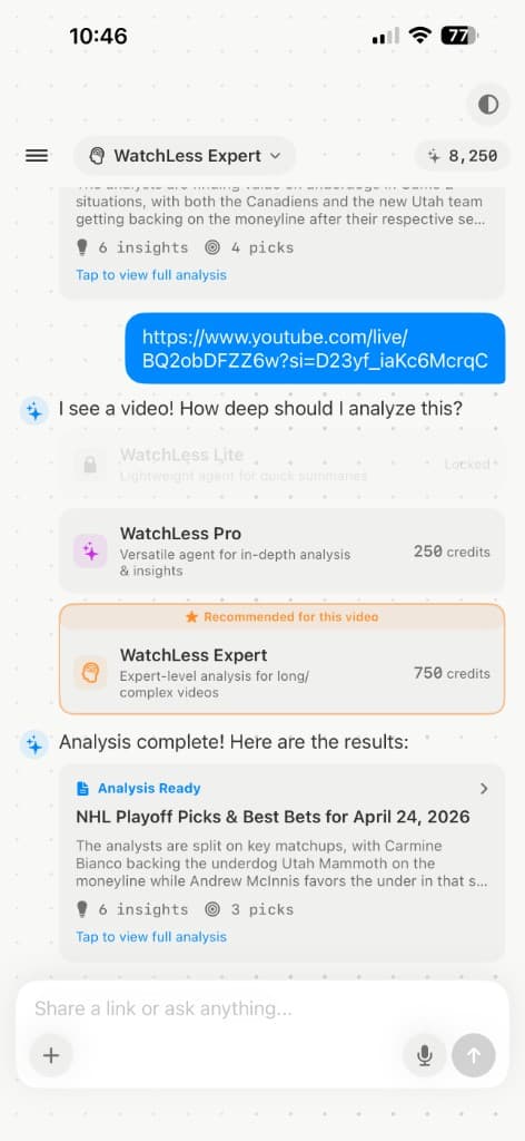 WatchLess analyzing a YouTube link with Expert agent selected