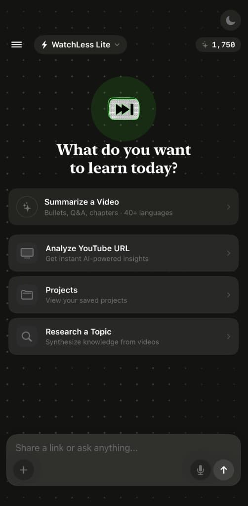 WatchLess app home screen
