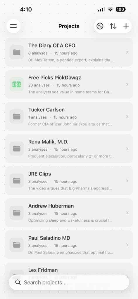 Projects list with saved video analyses