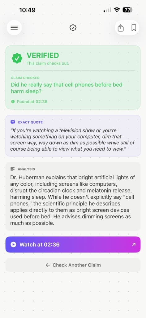 Verified claim with exact quote and timestamp